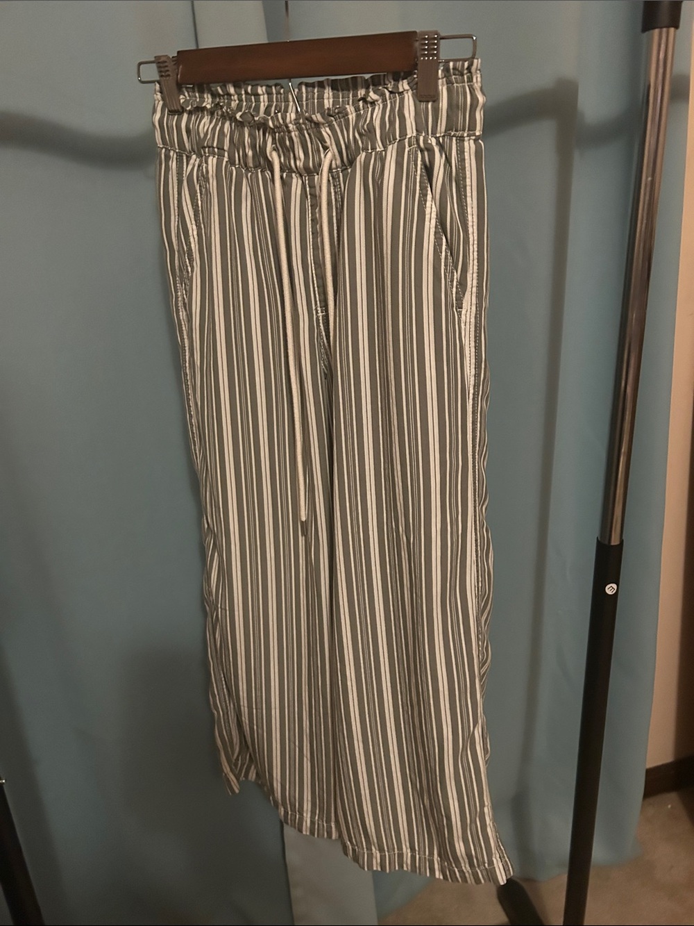 LOFT Olive and White Striped wide leg pants